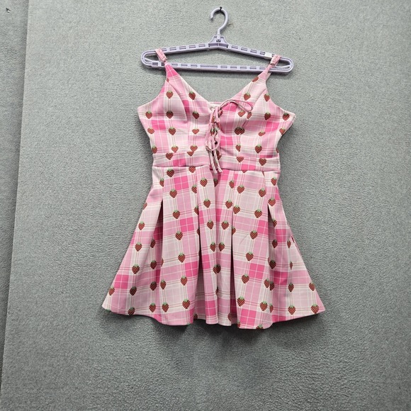 Hot Topic Dresses & Skirts - Hot Topic Women Dress L Pink Strawberry Plaid Lace Up Mini Fit & Flare V Neck